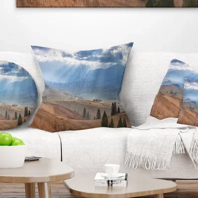 Design Art Beautiful Mountain Village View - Landscape Printed Pillow In Blue