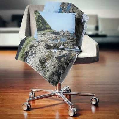 Design Art Beautiful New Zealand Rocky Beach - Sea & Shore Printed Pillow In Blue
