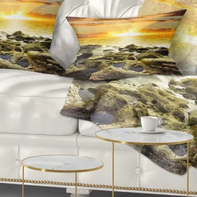 Design Art Beautiful Orange Sundown Beach - Sea & Shore Printed Throw Pillow