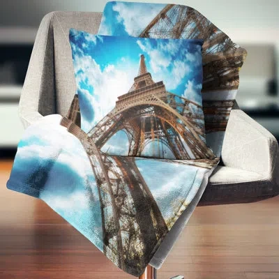 Design Art Beautiful Paris Paris Eiffel Towerunder Blue Sky - Cityscape Printed Throw Pillow In Blue;white