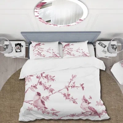 Design Art Beautiful Pink Birds - Traditional Duvet Cover Set - Microfiber Polyester