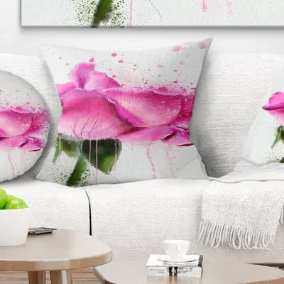Design Art Beautiful Pink Rose Watercolor - Floral Printed Throw Pillow