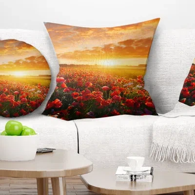 Design Art Beautiful Poppy Field At Sunset - Abstract Printed Pillow In Blue;black;brown;green;red;yellow