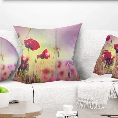 Design Art Beautiful Poppy Flower Garden - Floral Printed Throw Pillow In Red