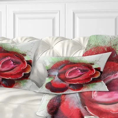 Design Art Beautiful Red Rose With Green Shade - Floral Printed Throw Pillow In Green;red