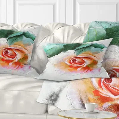 Design Art Beautiful Red Rose With Leaves - Floral Printed Throw Pillow