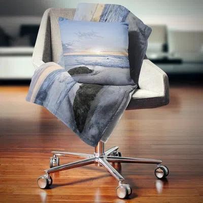 Design Art Beautiful Rocky Seashore In Blue - Sea & Shore Printed Pillow