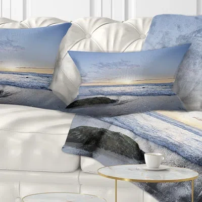 Design Art Beautiful Rocky Seashore In Blue - Sea & Shore Printed Throw Pillow