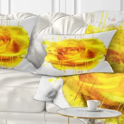 Design Art Beautiful Rose In Yellow Watercolor - Floral Printed Throw Pillow