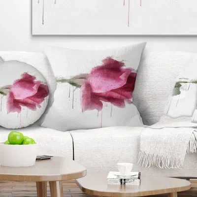 Design Art Beautiful Rose Watercolor Drawing - Floral Printed Throw Pillow In Pink