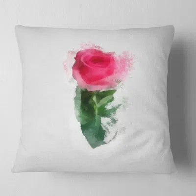 Design Art Beautiful Rose With Leaves Drawing - Floral Printed Throw Pillow In Green
