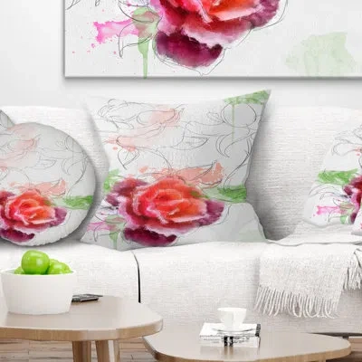 Design Art Beautiful Rose With Rose Sketches - Floral Printed Pillow In White