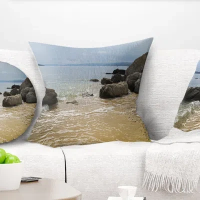 Design Art Beautiful Sea View Of Rocky Coast - Sea & Shore Printed Pillow In Blue;black;brown;green;red;yellow
