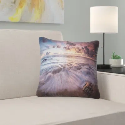 Design Art Beautiful Sea Waves At Sunset - Sea & Shore Printed Pillow In Purple