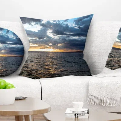 Design Art Beautiful Seascape Under Cloudy Sky - Sea & Shore Printed Pillow In Blue