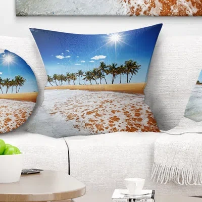 Design Art Beautiful Seashore And Palm Trees - Sea & Shore Printed Pillow In White