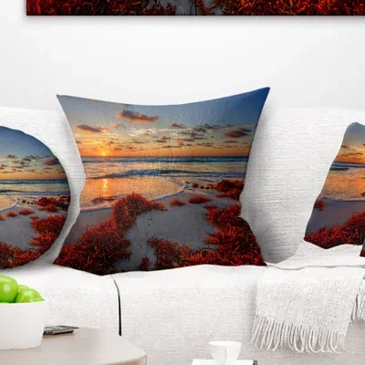 Design Art Beautiful Shore And Cloudy Sky - Landscape Printed Pillow In Red
