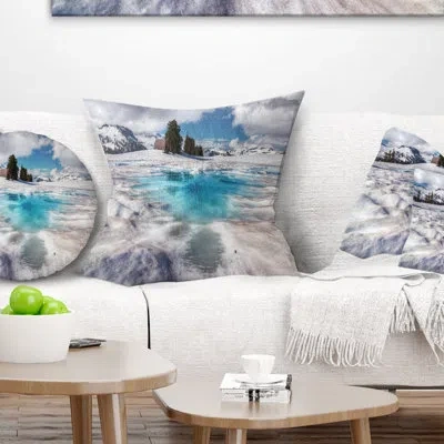 Design Art Beautiful Snow Covered Lake - Landscape Printed Pillow In White