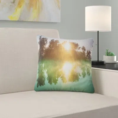 Design Art Beautiful Summer River At Sunset - Landscape Printed Pillow In Green