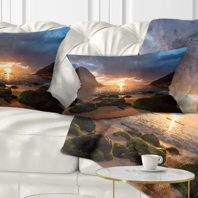 Design Art Beautiful Sunrise In Red Seashore - Sea & Shore Printed Throw Pillow