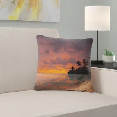 Design Art Beautiful Sunset At Tropical Beach - Sea & Shore Printed Pillow In Orange