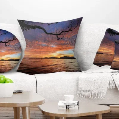 Design Art Beautiful Sunset Beach In Phuket - Sea & Shore Printed Pillow In Orange