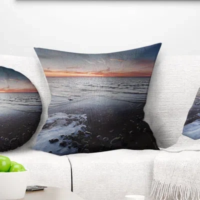 Design Art Beautiful Sunset On Chudskoy Lake - Sea & Shore Printed Throw Pillow In Blue;orange