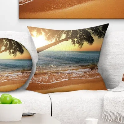 Design Art Beautiful Sunset On Tropical Beach - Sea & Shore Printed Throw Pillow In Blue;black;brown;green;red;yellow