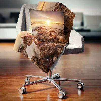 Design Art Beautiful Sunset Over Rocky Beach - Sea & Shore Printed Pillow In Brown