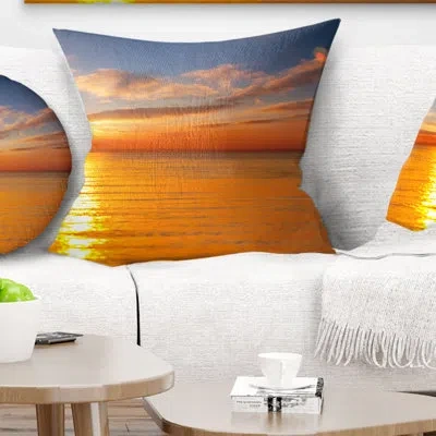 Design Art Beautiful Sunset Reflecting In Sea - Sea & Shore Printed Pillow In Orange