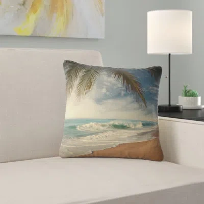 Design Art Beautiful Tropical Beach With Palms - Sea & Shore Printed Pillow In Blue