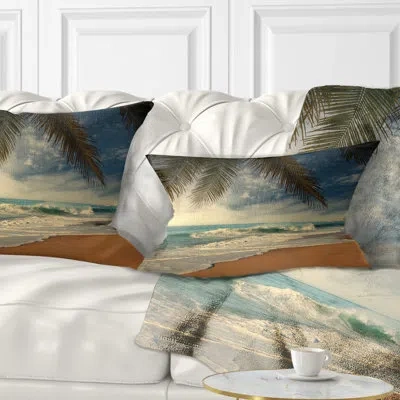 Design Art Beautiful Tropical Beach With Palms - Sea & Shore Printed Throw Pillow