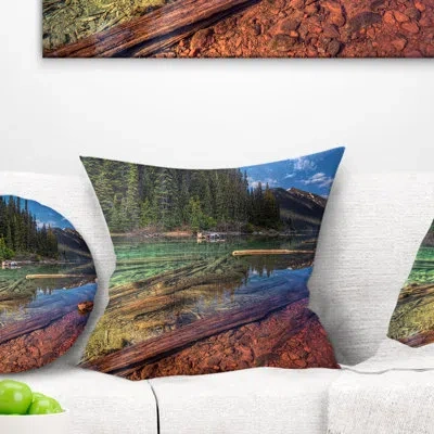 Design Art Beautiful View Of Mountain Lake - Landscape Printed Pillow In Green