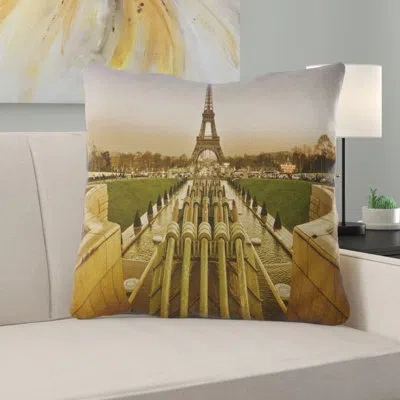 Design Art Beautiful View Of Paris Eiffel Tower - Landscape Printed Pillow In Brown