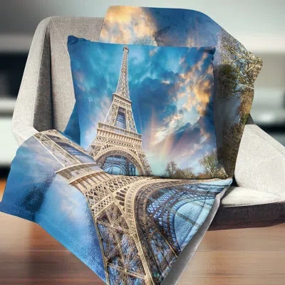 Design Art Beautiful View Of Paris Eiffel Tower Under Fiery Sky Cityscape Pillow In Blue;white