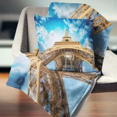 Design Art Beautiful View Of Paris Paris Eiffel Towerin Paris - Cityscape Printed Throw Pillow In Blue;white