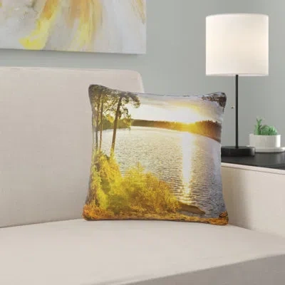 Design Art Beautiful View Of Sunset Over Lake - Landscape Printed Pillow In Green