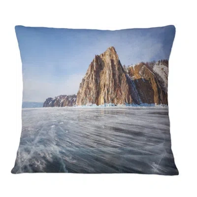Design Art Beautiful View Of The Lake Baikal Winter - Lake House Printed Throw Pillow In Blue;brown