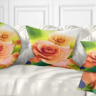 Design Art Beautiful Watercolor Roses On Green - Floral Printed Throw Pillow
