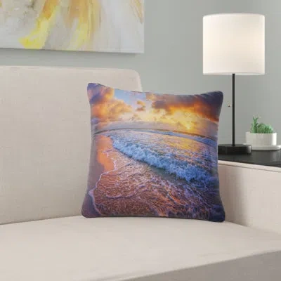 Design Art Beautiful Waves Under Cloudy Sky - Sea & Shore Printed Pillow In Orange