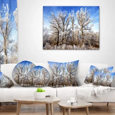 Design Art Beautiful Winter Evening View - Landscape Printed Throw Pillow In White