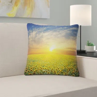 Design Art Beauty Sunset Over Sunflowers Field - Floral Printed Pillow In Yellow