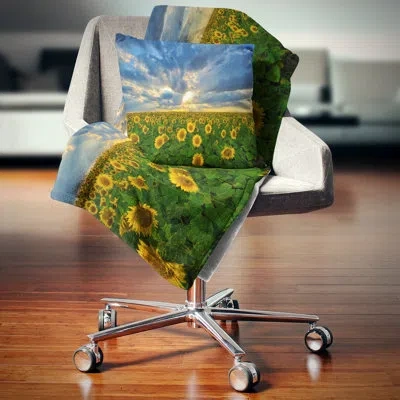 Design Art Beauty Sunset Over Sunflowers - Landscape Printed Pillow In Blue;black;brown;green;red;yellow