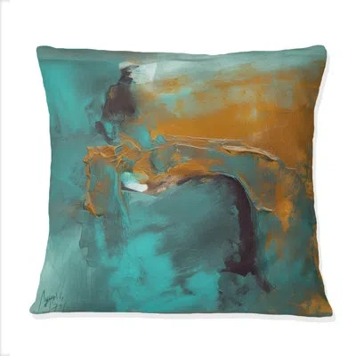 Design Art Becoming The Ocean Sun Abstract Teal And Gold - Abstract Painting Printed Throw Pillow In Black;gold