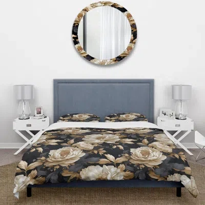Design Art Beige And Black Beauty Floral Pattern - Floral Duvet Cover Set In Gray;beige