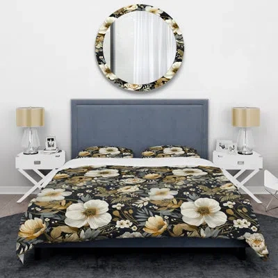 Design Art Beige And Black Ferns Dahlia Pattern I Duvet Cover Set In Black;green;beige