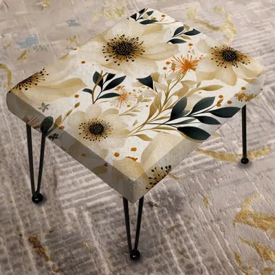 Design Art Beige And Black Watercolor Floral Pattern - Floral Rectangle Ottoman In Black;beige