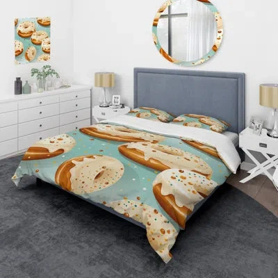 Design Art Beige And Blue Doughnut Kithchen Pattern 5 - Food Donuts Duvet Cover Set In Brown