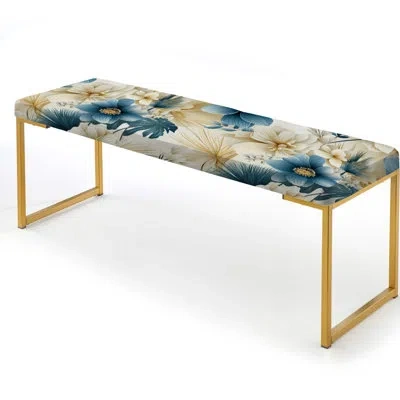Design Art Beige And Blue Escape Flowers I - Floral Upholstered Gold Bench