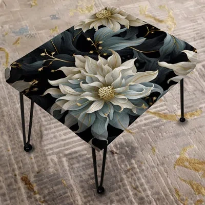 Design Art Beige And Blue Flowers Elegance - Glam Rectangle Ottoman In Black;beige